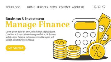 Calculator with percent sign, stack of coins and cash. Manage finance creative concept. Business and investment template for website. For banner, landing page. flat style vector