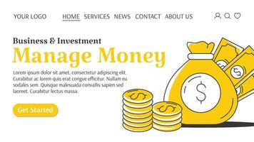 Money bag with cash and stack of coins. Manage money creative concept. Business and finance template for website. For banner, landing page. flat style vector