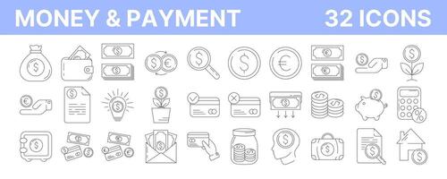 Money and payment methods, outline icon set. Editable stroke. Business and finance linear collection with cash, coin, banking, credit card, exchange, saving and transaction symbol. vector