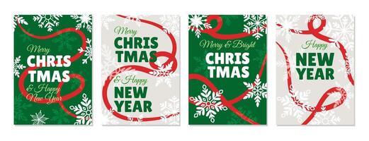 Set of Merry Christmas and Happy New Year festive posters with snowflakes, red ribbons and greeting text. A4 format. Xmas, celebration concept. For banner, flyer, social media. vector