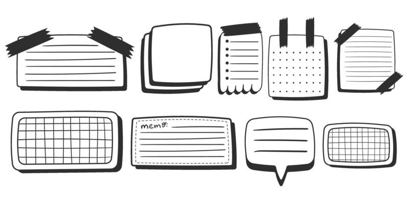 Paper sheets sticker collection in comics style, doodle black and white memo stickers. Creative journaling and note-taking illustration. Hand drawn elements set.