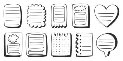 Paper sheets sticker collection in comics style, doodle black and white memo stickers. Creative journaling and note-taking illustration. Hand drawn elements set. vector