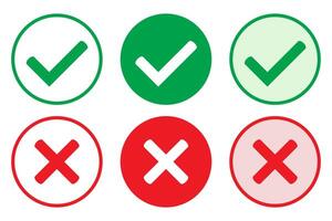 Right or wrong icons. Green tick and red cross checkmarks in circle flat icons. Yes or no symbol, approved or rejected icon for user interface. vector