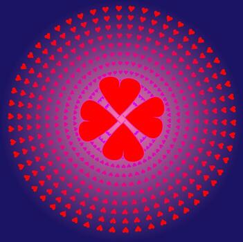 Round abstract pattern in the form of red hearts arranged in a circle on a blue background vector
