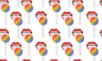 Seamless pattern with LGBT rainbow lollipop. Lips in red lipstick and mouth with teeth and tongue. Symbol of LGBTQ pride community. LGBT pride month. illustration vector