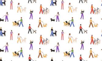 Seamless pattern with people walking dogs of different breeds. Pets owners with diverse big and little doggies. Dog trainer. Side view. Flat illustration isolated on white background vector