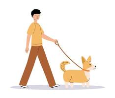 joven hombre caminando con linda perro. contento mascota propietario con corgi perro entrenador. lado vista. plano ilustración aislado en blanco antecedentes vector