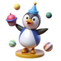 Penguin with Birthday hat and cake with some ball in birthday party png