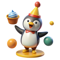 Penguin with Birthday hat and cake with some ball in birthday party png