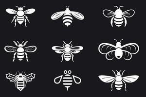 Set of icons of bees and wasps on a dark background. Bee logo vector