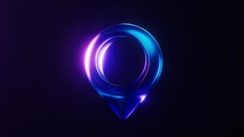 Loop animation of location marker with dark neon light effect, 3d rendering. video