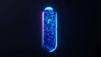 médico cápsula com Sombrio néon luz efeito, 3d Renderização. video