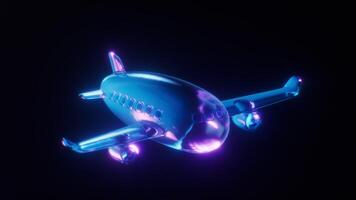 Schleife Animation von ein Flugzeug mit dunkel Neon- Licht Wirkung, 3d Wiedergabe. video
