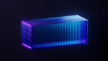 behållare med mörk neon ljus effekt, 3d tolkning. video