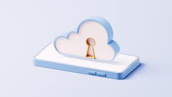 Cloud computing with security lock on mobile phone, 3d rendering. video