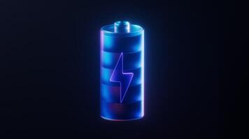 Loop animation of battery with dark neon light effect, 3d rendering. video