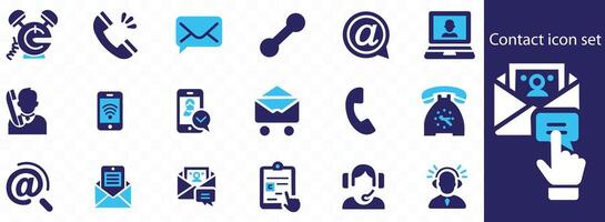 Contact icon set with e-mail, phone, address, customer service, call, website, and more. Solid icons vector