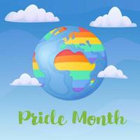 Pride moths poster with cartoon rainbow color earth in a cloud. LGBTQ community banner. vector