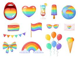 Pride month cartoon rainbow elements set isolated on white vector