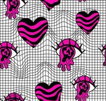 Seamless pattern of pink hearts. Cartoon elements in trendy retro style on pink and white mesh background. illustration vector