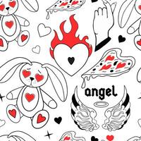 Valentine's Day pattern. Love modern print hand drawing with burning heart, flower, rose.Y2k 2000s cute emo goth aesthetic . illustration vector