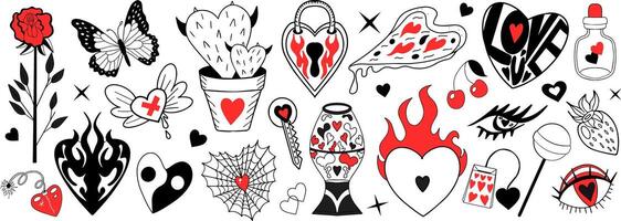 Valentine's Day set of elements. Love modern collection hand drawing with burning heart, flower, rose.Y2k 2000s cute emo goth aesthetic stickers tattoo. illustration vector