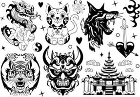 Japanese tattoo set with demon Hannya Mask, Maneki Neko cat, Chinese dragon with flowers. Set of art for tattoos or print on a T-shirt. Oni mask illustration design with dark art style vector