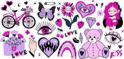 Set of y2k pink girly clipart. emo sad girls in love, heart, letter, bicycle. Valentine's day collection. vector