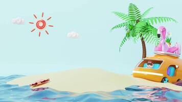 3d turist buss löpning på de ö med pojke, träd, gitarr, bagage, solglasögon, blomma, flamingo. sommar resa begrepp, 3d framställa illustration video