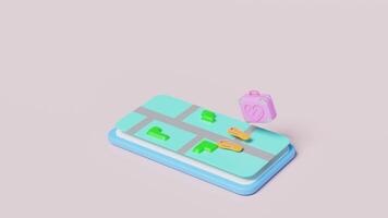 3d Móvel telefone ou Smartphone com mapa, sandálias, bagagem, a medida isolado em Rosa fundo. mapa terra viagem conceito, 3d render ilustração video