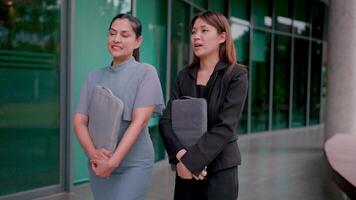 Close-up of friendly business women walking and talking and sharing ideas and having fun discussing team projects in a meeting. video