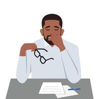 Black man feel stress in office. Headache while working with documents. vector