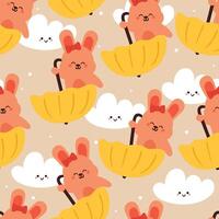 seamless pattern cartoon bunny playing with umbrella. cute animal wallpaper with sky element, umbrella vector