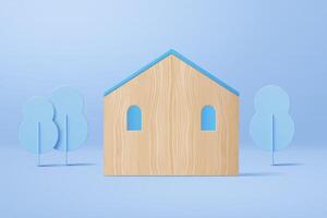 Wooden house and tree shaped boards. 3d elements isolated on blue background. vector