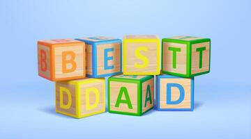 3d wooden alphabet toy blocks spelling the word best dad. Father's Day elements isolated on light blue background. vector