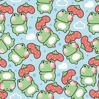 Seamless pattern of cute frog hold strawberry umbrella on sky and cloud background.Reptile vector