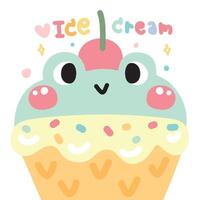 Cute ice cream smile frog head with cherry on white background. vector