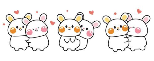 Set of cute rabbit in love with boyfriend.Hug.Kiss.Cartoon character design.Rodent animal.Valentines day.Kawaii.Illustration. vector