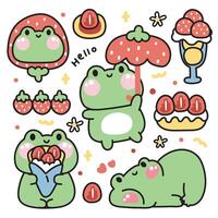 Set of cute frog various poses in strawberry bakery concept.Reptile animal character cartoon design.Bread,ice cream,dessert,sweet,fruit hand drawn collection.Kid graphic.Kawaii.Illustration. vector