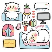 Set of cute sheep various poses in living room concept.Farm animal character cartoon design.Bed,book,sofa,television,air conditioner drawn collection.Home.House.Kawaii.Illustration vector