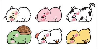 Set of cute animals lay down poses on white background.Relax.Art.Sheep,pig,cow,turtle,hen,chicken hand drawn.Farm.Reptile.Kid graphic.Kawaii.Illustration. vector