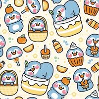 Seamless pattern of cute penguin various poses sticker in orange concept.Bird animals character cartoon design.Fruit,cake,bubble milk tea,juice hand drawn.Baby clothing.Kawaii.Illustration. vector