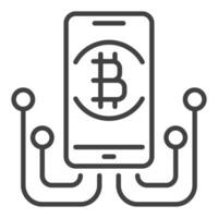 teléfono inteligente con bitcoin firmar blockchain icono o símbolo en Delgado línea estilo vector