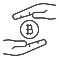 Hands with Bitcoin coin Cryptocurrency icon or sign in outline style vector