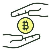 manos con bitcoin simbólico criptomoneda de colores icono o firmar vector