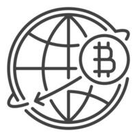 Bitcoin around the World Globe Cryptocurrency icon or sign in outline style vector