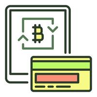 bitcoin en tableta pantalla y débito tarjeta criptomoneda dinero de colores icono o firmar vector