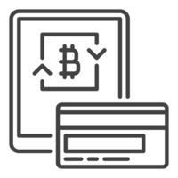 Tablet with Bitcoin and Credit Card Cryptocurrency Money icon or sign in outline style vector