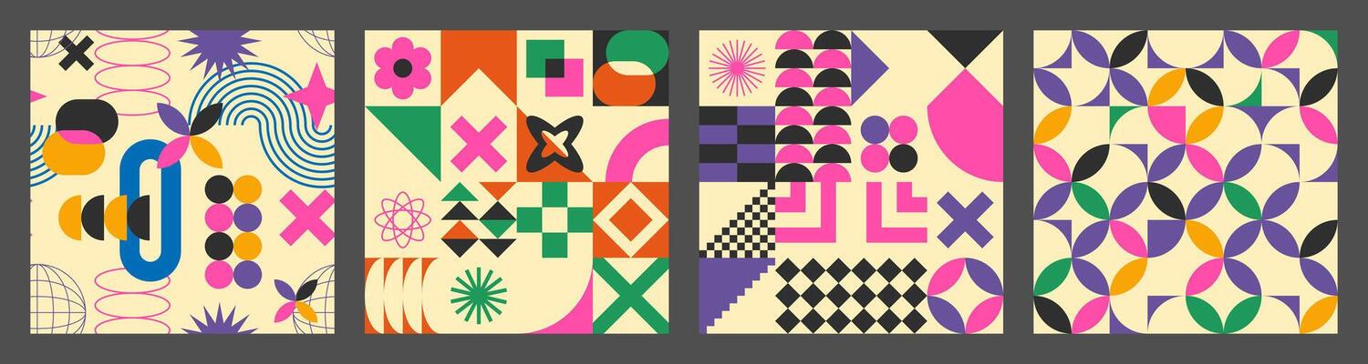 Abstract simple geometric seamless pattern with figure, form, shapes, circle and lines in Bauhaus style. Vibrant grunge geometry brutalism y2k 2000s print. Modern collage illustration