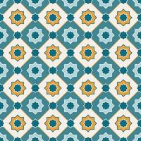 Arabic geometric mosaic printable seamless pattern with abstract Moroccan print in blue and orange colors. Ramadan Kareem Traditional Islamic art Illustration background vector